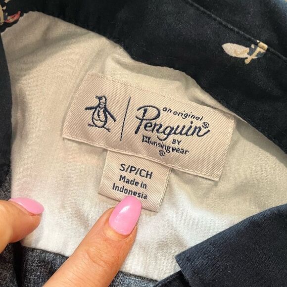 Original Penguin Black Surfer Print Button Up Short Sleeve Shirt Size S - Picture 2 of 4